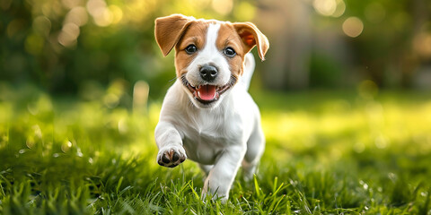 A happy puppy runs through the spring grass. - obrazy, fototapety, plakaty