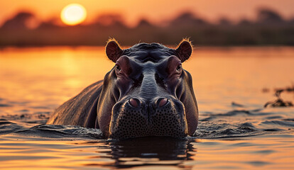 Hippopotamus at water level during sunset - obrazy, fototapety, plakaty