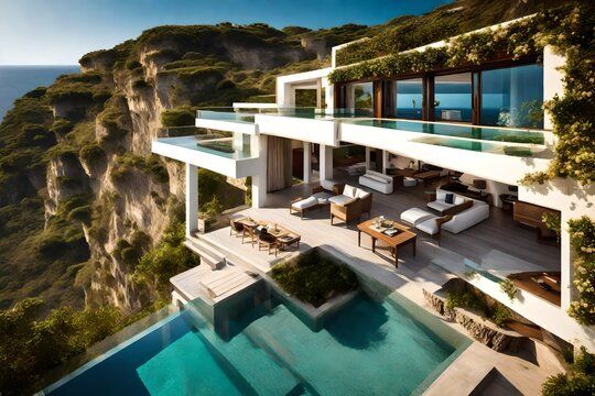 A cliff-top villa boasting panoramic views of the sea, surrounded by lush gardens and infinity pools.