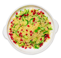 Couscous Salad with Pomegranate, Mint and Cucumbers on White Background