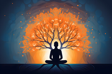 Transcend into a world of mindfulness through captivating imagery. A person meditates, an abstract tree emerges, leaves symbolizing serene and reflective thoughts.