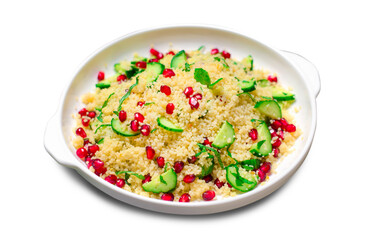 Couscous Salad with Pomegranate, Mint and Cucumbers on White Background