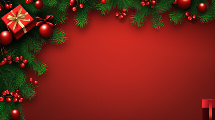 Fototapeta na wymiar Festive Red Christmas Background with 3D Design Elements: Glowing Decorations, Gift Boxes, and Green Tree Branches. Traditional Holiday Composition for Merry Celebrations and Joyful Occasions.