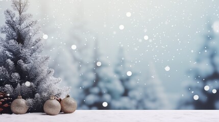 Christmas background. Frosted Christmas tree with glittering silver baubles on a snowy surface,...