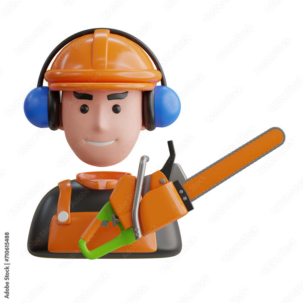 Aufkleber 3d man model timber harvesting with a chainsaw. 3d illustration, 3d element, 3d rendering. 3d visual