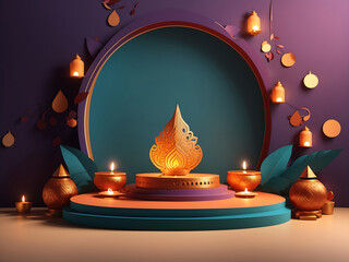 3D illustration of podium stage scene with Indian Diwali Diya oil lamp and paper graphic Indian lantern on a round blank card. The Festival of Lights.