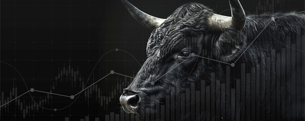 Portrait of black bull, bull season on black background, ai technology