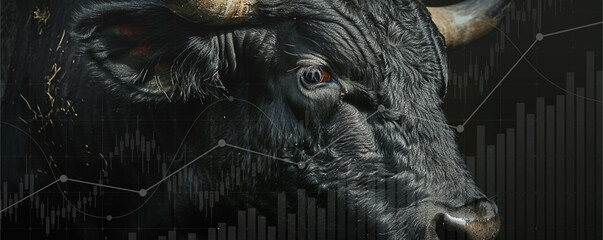 Portrait of black bull, bull season on black background, ai technology