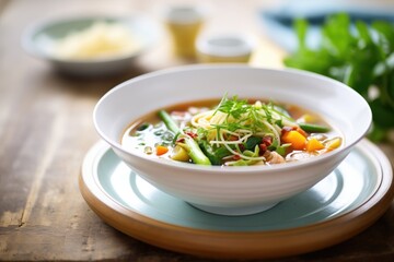 bowl of minestrone soup with pasta and vegetables