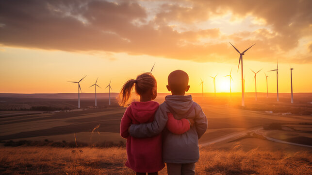 Children Embracing Renewable Energy at Sunset,Renewable Energy,Sustainable Energy,cabon tax