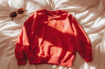 a red sweatshirt is laying on a bed