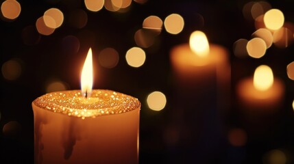 Glittering candles illuminate the scene, casting a warm and celebratory glow with copy space