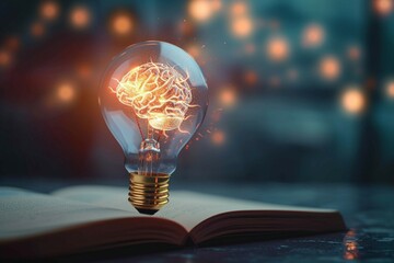 Innovation spark Light bulb with a brain inside, symbolizing creativity