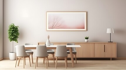 Beige living room interior with sideboard and dining table, mockup frame