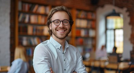 Fototapeta premium a smiling man in glasses standing in front of class