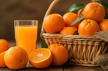 a picture of a basket full of ripe tangerine oranges and a glass of orange juice