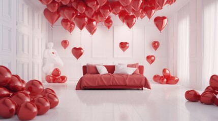 a room is filled with red and white balloons