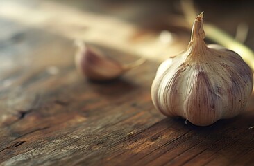 clove of garlic on a wooden table - obrazy, fototapety, plakaty