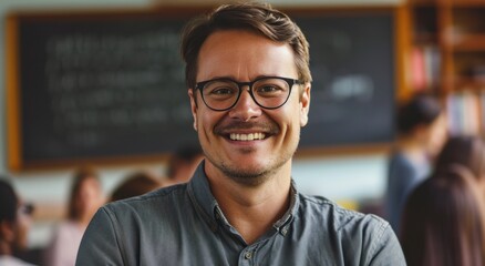 Obraz premium a smiling man in glasses standing in front of class