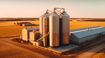 Obraz premium A granary next to a wheat field.