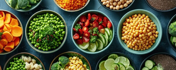 all kinds of fruits and vegetables in bowls