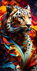 Fototapeta na wymiar A beautifully designed leopard emerges, adorned with the vibrant colors of the electromagnetic spectrum, reflecting complex patterns of electromagnetic wavelengths.