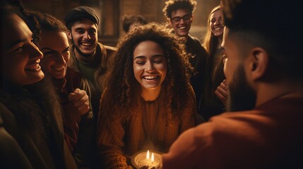 Group of People Gathered Around Woman Holding Lit Candle