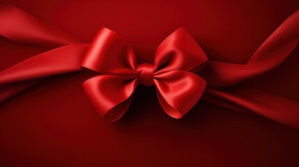 Elegant red satin ribbon bow on luxurious velvet background. Festive decoration and gift presentation.