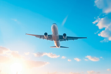 Landing airplane on a clear blue sky background. Bottom up view, blue sky, Golden hour.