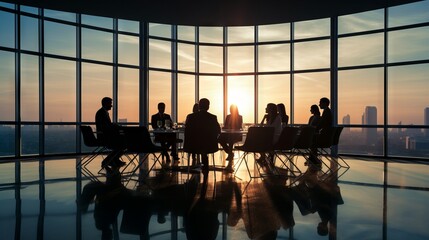 Silhouettes of business people at a large table against the backdrop of a large city at sunset. A working meeting of businessmen in a conference room with glass walls in the building.