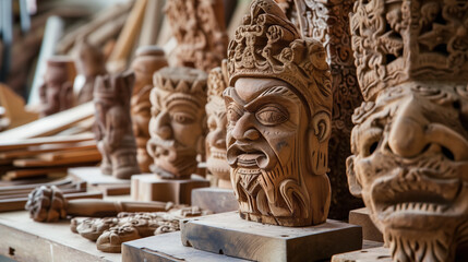 Fototapeta premium Carved wooden masks displayed at a market.