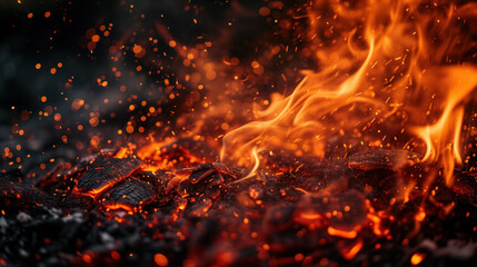 Fototapeta na wymiar Intense flames and embers on dark background.