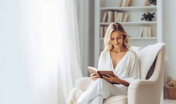 Woman reading book in a furniture bright white apartment.