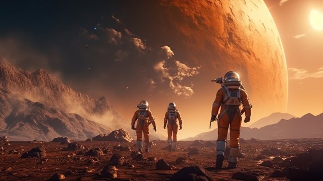 Astronauts in futuristic space suits are exploring the surface of Mars.