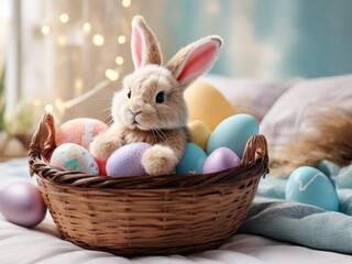 Easter bunny in a basket of colored eggs in a bright background