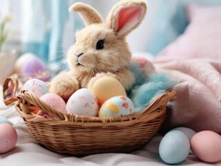 Easter bunny in a basket of colored eggs in a bright background