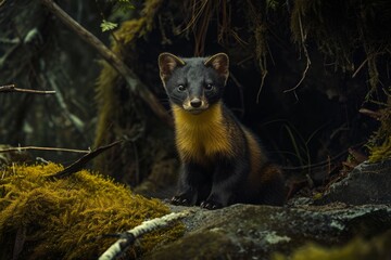 Pine marten perched in lush forest, alert and looking directly at the camera

