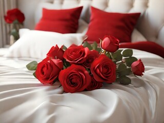 BEAUTIFUL BOUQUET OF RED ROSES AND A DOUBLE BED