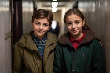 portrait of two young students standing in a corridor