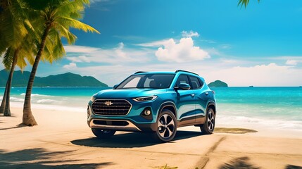 Fototapeta na wymiar Blue sport SUV car parked by the tropical sea under umbrella tree. Summer vacation at the beach. Summer travel by car. Road trip. Automotive industry. Hybrid and electric car concept. Summer vibes. 
