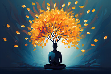 Capture the essence of mindfulness in a powerful image. A person in meditation, an abstract tree sprouting from their head, each leaf depicting mindful thoughts.
