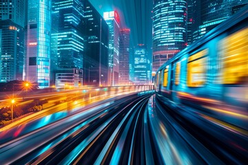 High-speed train motion blur in a neon-lit futuristic cityscape at night

