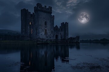 Majestic castle ruins under a full moon at twilight reflecting over tranquil waters