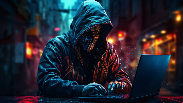 cyber crime - crazy hacker with hood and mask