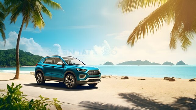 Blue sport SUV car parked by the tropical sea under umbrella tree. Summer vacation at the beach. Summer travel by car. Road trip. Automotive industry. Hybrid and electric car concept. Summer vibes. 
