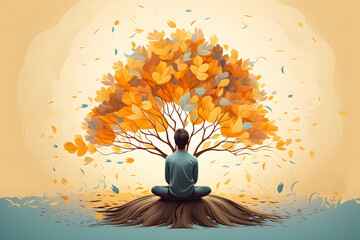Embark on a journey of self-discovery through meditation. Witness a person reflecting deeply, an abstract tree symbolizing mindful thoughts blossoming.