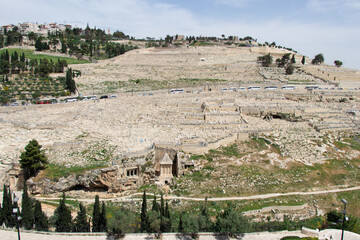 Obraz premium Jewish Cemetery in the Mount of Olives in Jerusalem. Kidron Valley