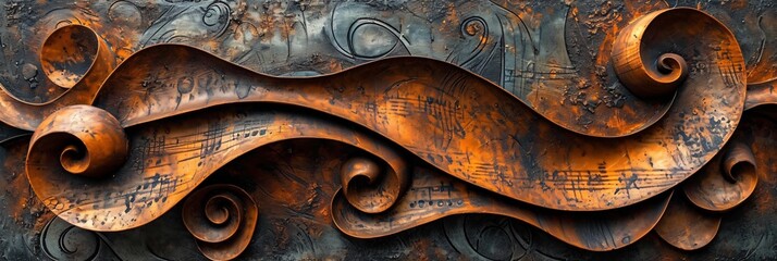 surreal metallic relief, musical abstract pattern made of patinated copper	 - obrazy, fototapety, plakaty