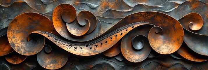 surreal metallic relief, musical abstract pattern made of patinated copper	