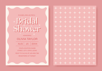 Pink wavy minimalist bridal shower invitation. Elegant retro party invitation template. Vector illustration